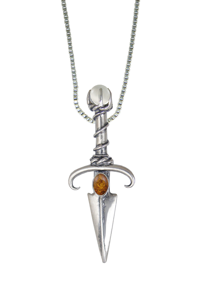 Sterling Silver Black Prince's Knife Dagger Pendant With Amber And a Clear Glass Bead